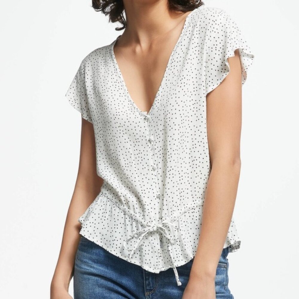 Rails White‎ Black Polka Dot V Neck Ruffle Sleeve Tie Waist Peplum Top XS